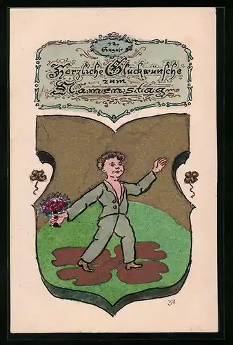 Handzeichnung Wappen mit Knabe und Blumenstrauss