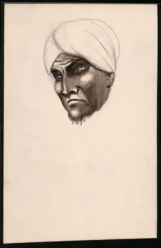 Handzeichnung Böse blickender Araber mit Turban