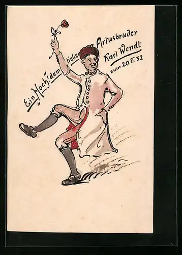 Handzeichnung Artusbruder mit Rose, datiert: 1932