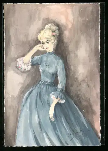 Handzeichnung Blonde Dame im blauen Kleid, Künstler: v. Gunten, datiert: 1953