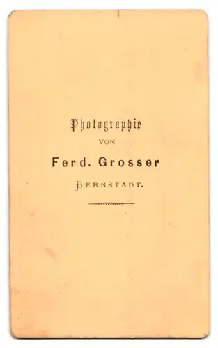 Fotografie Ferd. Grosser, Bernstadt, Portrait Kleinkind im karierten Kleid auf einem Stuhl