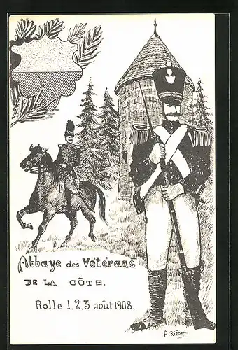 Künstler-AK Rolle, Abbaye des Veterans Aout 1908, schweizer Soldat in Uniform