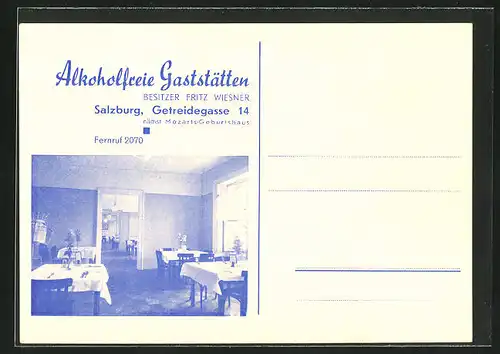 AK Salzburg, Alkoholfreies Gasthaus von Fritz Wiesner, Getreidegasse 14