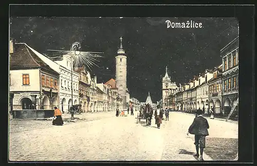 AK Domazlice, Strassenpartie mit Geschäften bei Nacht