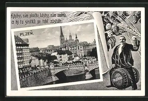 AK Plzen, Uferpartie mit Brücke