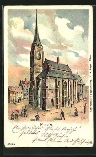 Künstler-AK Pilsen, Blick zur Kirche