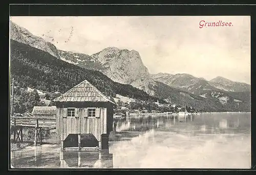 AK Grundlsee, Panorama mit Gebirgszug