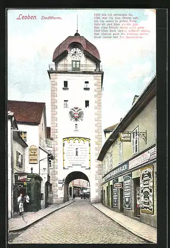 AK Leoben, Strassenpartie am Stadtturm