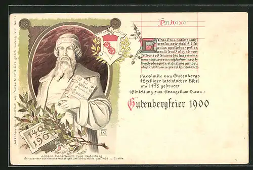 Lithographie Gutenbergfeier 1900, Gutenberg mit Bibel, Buchdruck