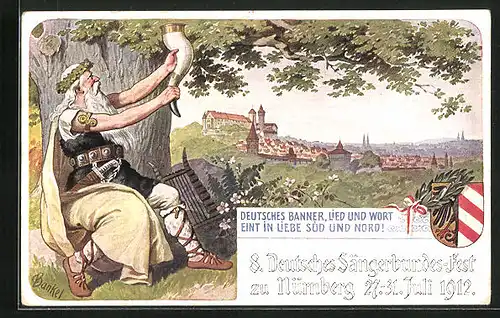 AK Nürnberg, 8. Deutsches Sängerbundesfest 1912, Germane mit Trinkhorn, Ganzsache Bayern