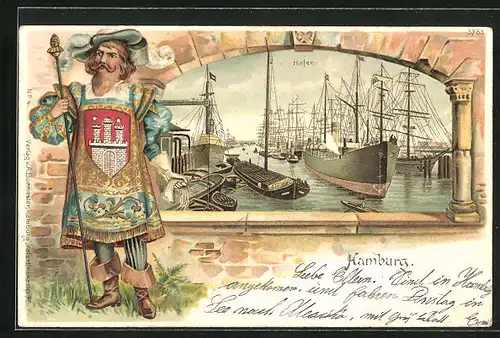 Passepartout-Lithographie Hamburg, Hafen mit Schiffen, Mann mit Zepter und Wappen