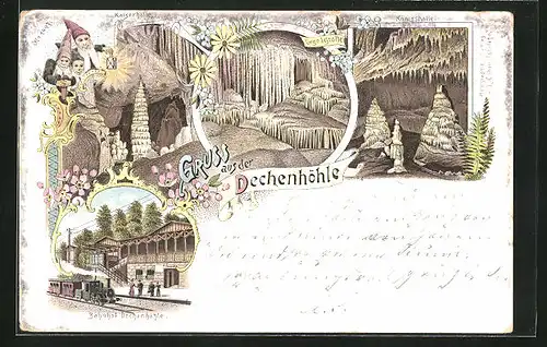 Lithographie Iserlohn, Dechenhöhle, Orgelgrotte, Königshalle, Zwerge