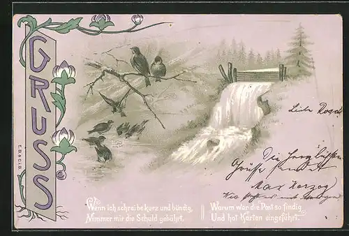Künstler-AK Ansichtskartengeschichte, Gedicht, Bachlauf
