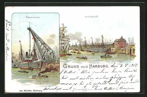 Lithographie Hamburg, Hafen, Kran, Amerikahöft