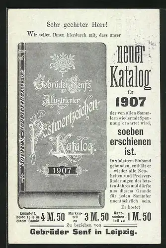 AK Leipzig, Gebrüder Senf, Katalogankündigung 1907, Postgeschichte, Ganzsache