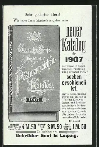 AK Leipzig, Gebrüder Senf`s Katalog für Postwertzeichen 1907, Postgeschichte, Ganzsache