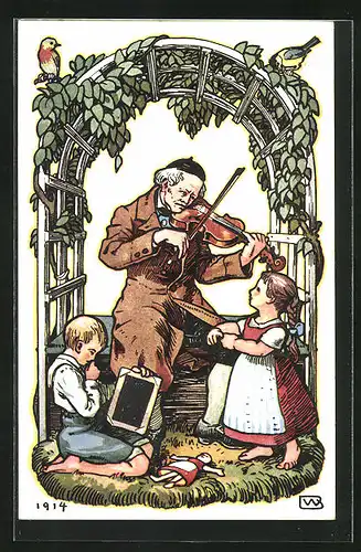 Künstler-AK Augsburg, 19. Bayerische Lehrerversammlung 1914, Lehrer mit Geige und Kindern
