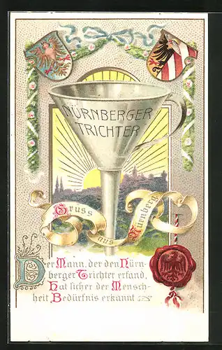 Künstler-AK Nürnberg, Nürnberger Trichter mit Wappen und Siegel