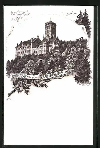 Lithographie Eisenach, Wartburg von Osten