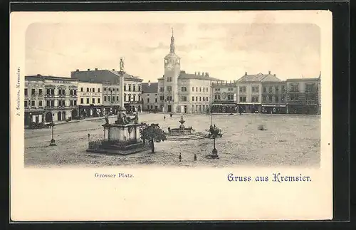 AK Kremsier /Kroméríz, Grosser Platz mit Monument und Brunnen