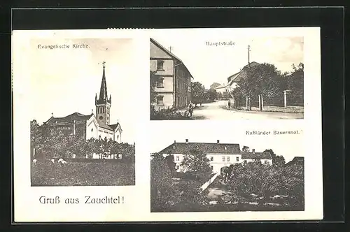 AK Zauchtel, Evangelische Kirche, Kuhländer Bauernhof, Hauptstrasse