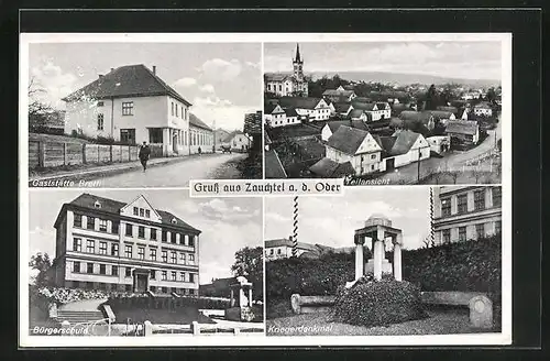 AK Zauchtel a. d. Oder, Gasthaus Breth, Bürgerschule, Kriegerdenkmal