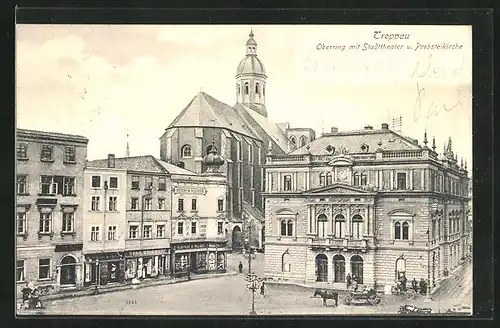 AK Troppau /Opava, Oberring mit Stadttheater und Probsteikirche, Herrenkleidergeschäft