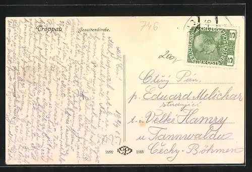 AK Troppau /Opava, Jesuitenkirche mit Strassenbahn