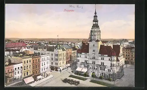 AK Troppau /Opava, Blick auf das Schmetterhaus mit Pferdekutschen