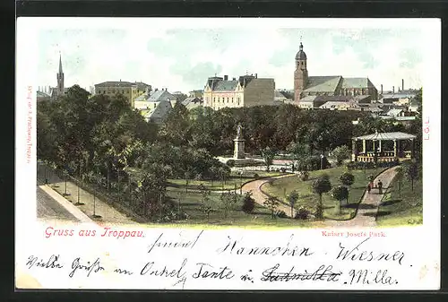 AK Troppau, Kaiser Josefs-Park mit Denkmal