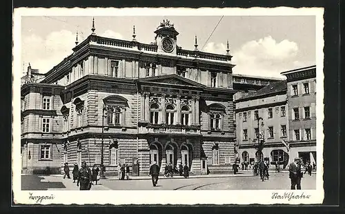 AK Troppau, Stadttheater mit Strassenpartie