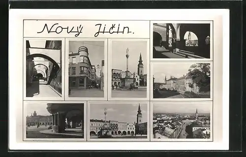 AK Nový Jicín, Laubendurchblick, Stadtplatz mit Mariensäule, Panorama