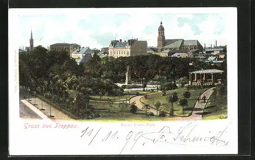 AK Troppau, Kaiser Josefs Park mit Denkmal