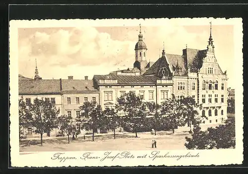 AK Troppau, Franz-Josef-Platz mit Sparkassengebäude