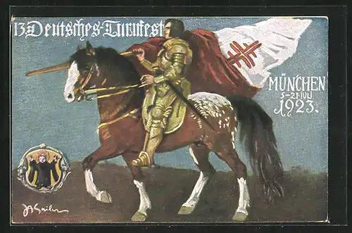 Künstler-AK München, 13. Deutsches Turnfest 1923, Ritter mit Fahne zur Pferde, Münchner Kindl