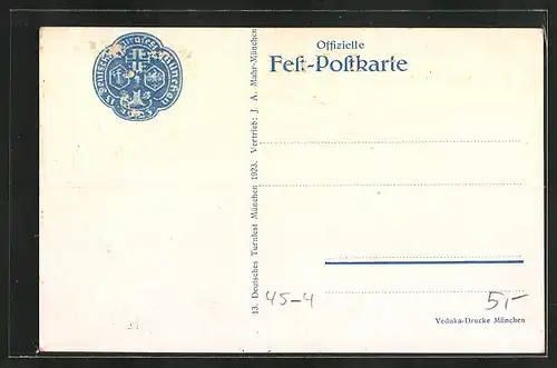 Künstler-AK München, 13. Deutsches Turnfest 1923, Ritter mit Fahne zur Pferde, Münchner Kindl