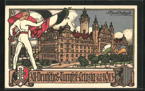 Künstler-AK Leipzig, XII. Deutsches Turnfest 1913, Neues Rathaus, Turner mit Fahne