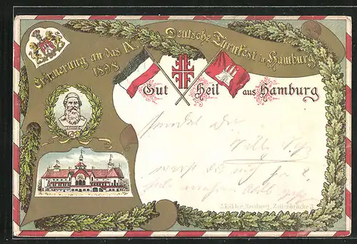 Lithographie Hamburg, IX. Deutsches Turnfest 1898, Festhalle, Portrait Turnvater Jahn
