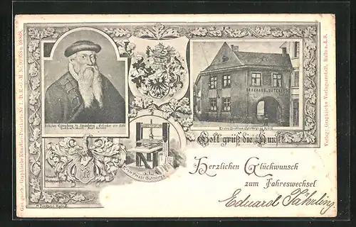 AK Strasburg, Johannes Gutenberg, Erfinder des Buchdruckes, Erstes Druckhaus Gutenbergs zu Mainz, Erste Presse