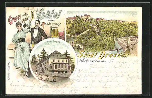 Lithographie Wolkenstein, Hotel und Restaurant Stadt Dresden