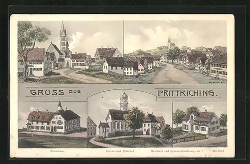 Künstler-AK Prittriching, Gasthaus zur alten Post, Schulhaus, Kirche und Pfarrhof