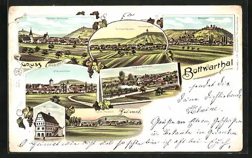 Lithographie Gross-Bottwar, Steinheim, Ansichten von Beilstein, Winzerhausen, Wunnerstein