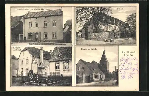 AK Gleina, Geschäftshaus von Walter Hartmann, Schloss, Kriegerdenkmal, Kirche und Schule