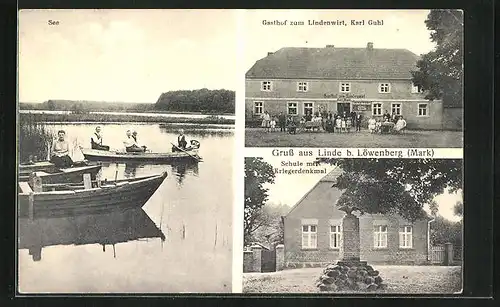 AK Linde bei Löwenberg, Gasthof zum Lindenwirt, Schule und Denkmal