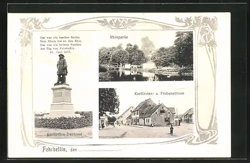 AK Fehrbellin, Kurfürsten-Denkmal, Rhinpartie, Kurfürsten- u. Frobenstrasse