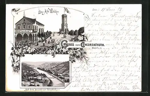 Lithographie Bad Ems, Gasthaus Concordiaturm, Teilansicht mit Brücke