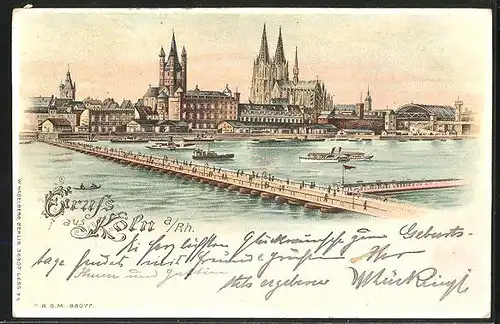 Lithographie Köln a. Rh., Teilansicht mit Dom und Brücke, Halt gegen das Licht