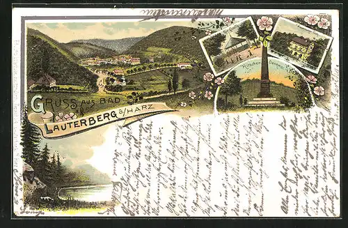 Lithographie Lauterberg a. Harz, Kur-Quelle, Wiesenbecker Teich, Ritscher Denkmal