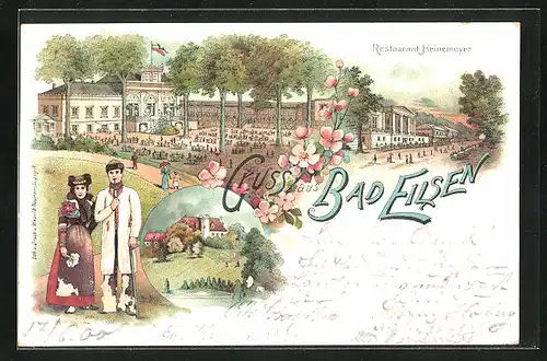 Lithographie Bad Eilsen, Restaurant Heinemeyer, Garten, Ortspartie