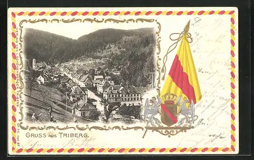 Passepartout-Lithographie Triberg, Teilansicht, Wappen & Fahne